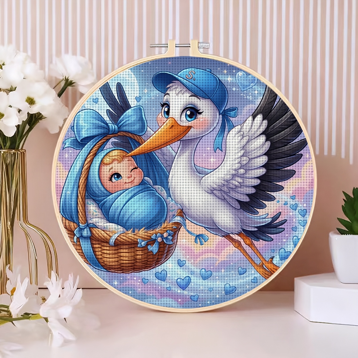 11CT Printed Fabric Cross Stitch Kit, Blue Hat Stork Design
