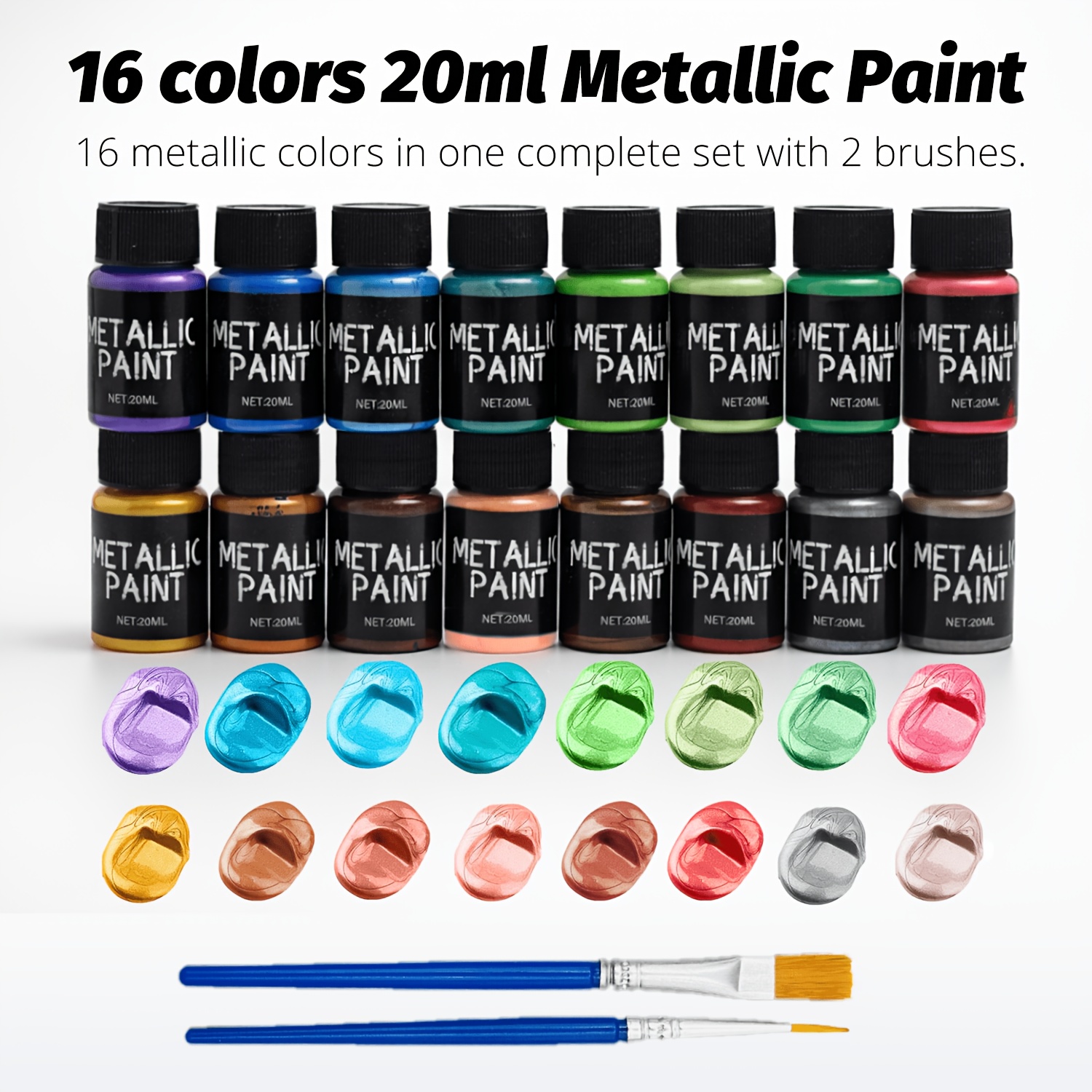 16 Colors Metallic Acrylic Paint Set 20ml With 2 Brushes