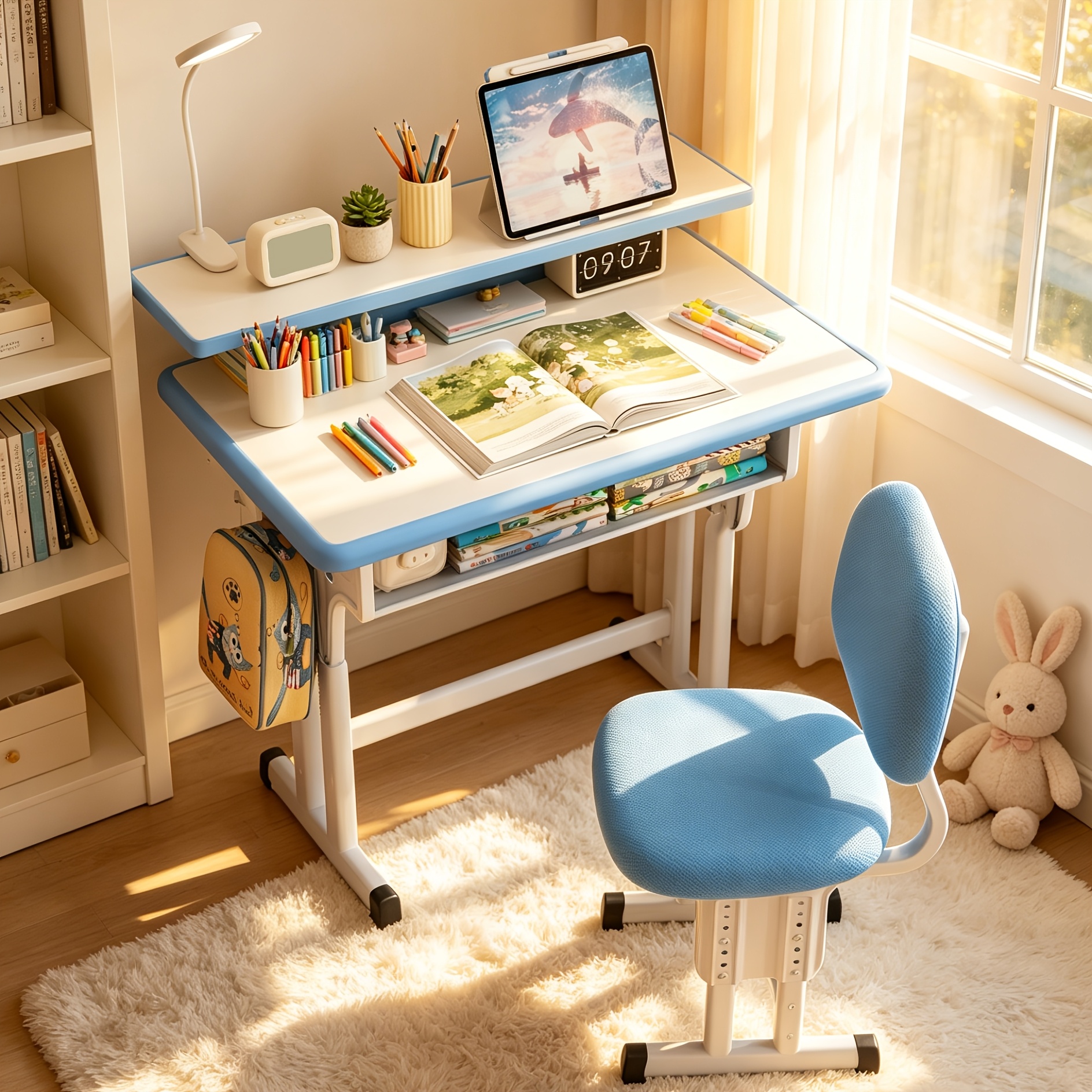 Adjustable Kids Study Desk & Chair Set, Ergonomic Curved Back Spine Protection, Height Adjustable, Wipeable Desktop, Detachable Reading Stand, Eye-Caring LED Lamp, Multiple Colors, Ideal For 3-18 Years Old Kids Home School Study & Daily Use