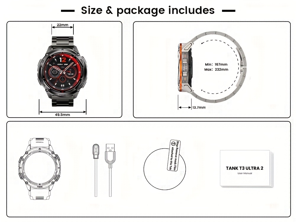 Le KOSPET TANK T3 Ultra2 est une montre intelligente GPS conçue pour les hommes, dotée d'une boussole, d'un altimètre et d'un capteur de pression barométrique. Elle prend en charge six systèmes de positionnement satellitaire et dispose d'une batterie de 470 mAh qui peut durer jusqu'à 60 jours. Avec une armature robuste en acier inoxydable.