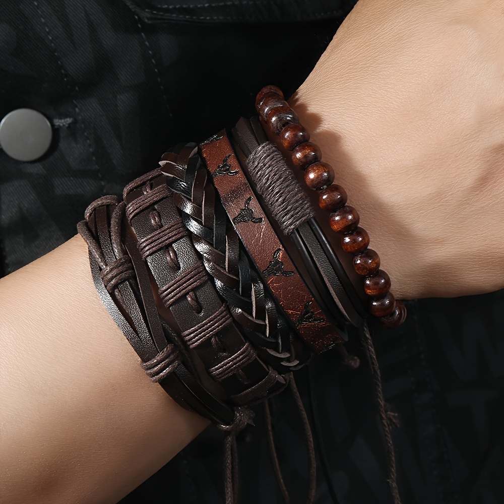 

6pcs Western Style Pu Leather Embossed Men's Bracelet Diy Braided Beaded Pu Leather Bracelet