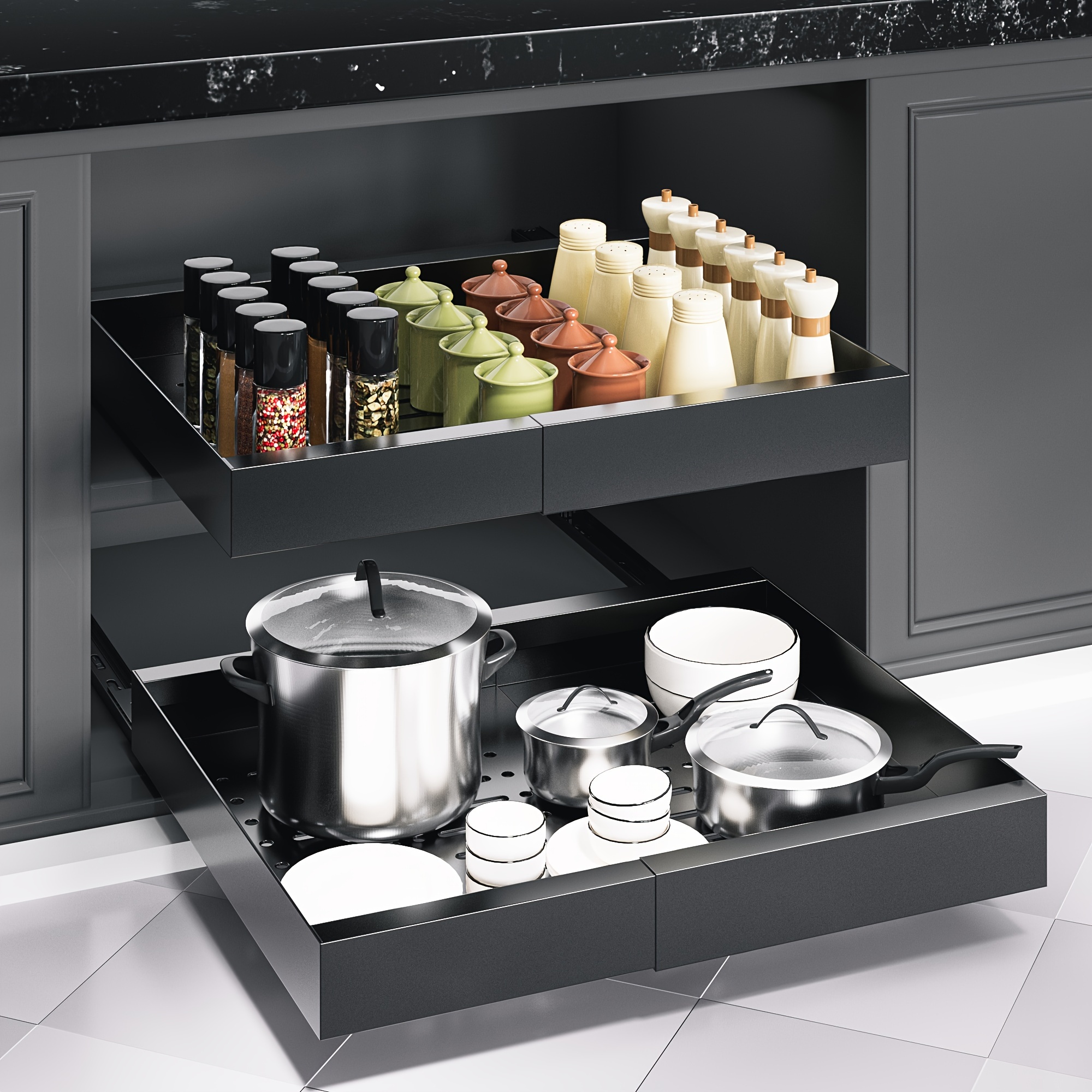 

With The 1pc Zgo Pull Out Cabinet Organizer! This Drawer Organizer Is Keeping Your Pots And Pans In Order. To Cluttered Cabinets And Pantry With This Sleek Black Storage Solution.