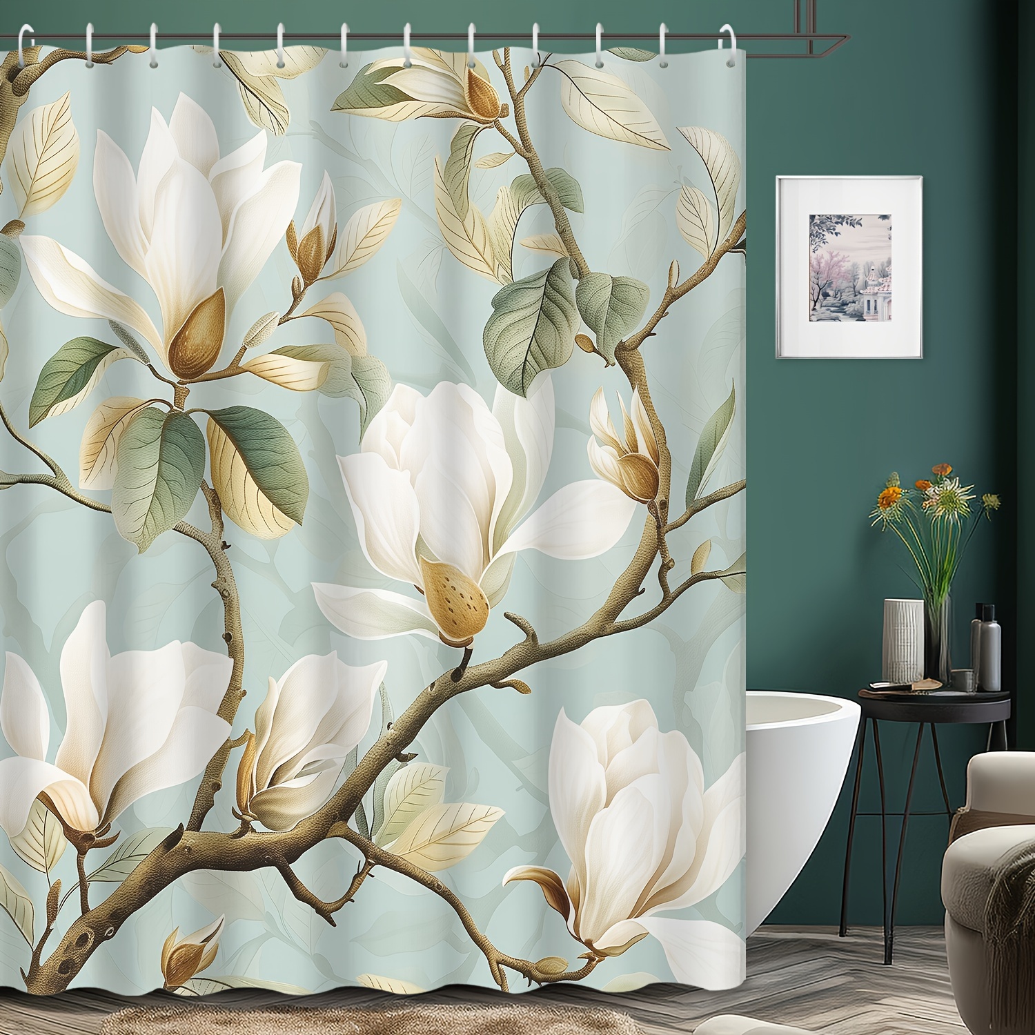 

Water-resistant Floral Shower Curtain With Hooks, Magnolia Print, Polyester Fabric, Machine Washable, Grommet Top, For Bathroom Decor, 72 X 72 Inches