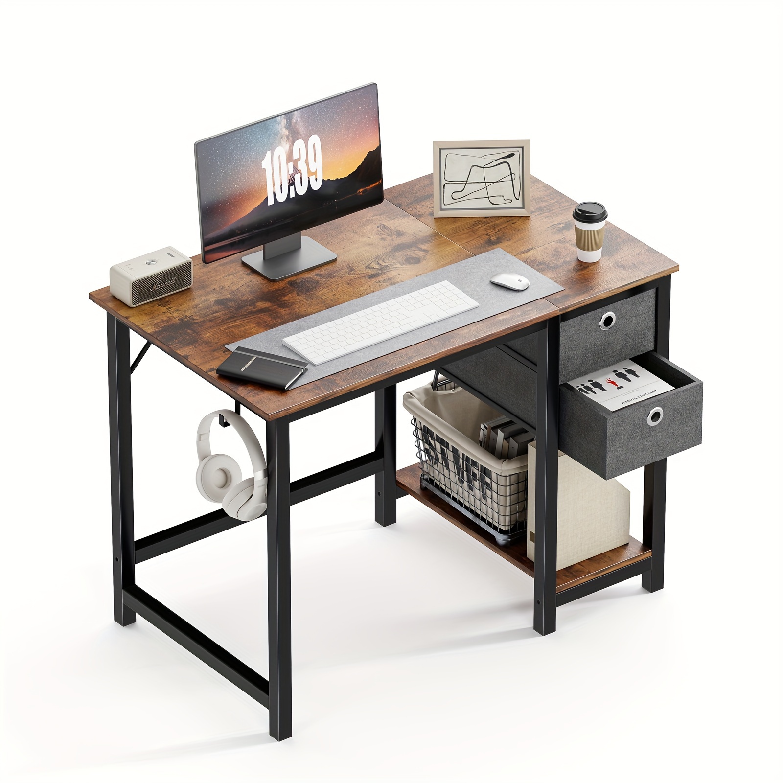 

Smug Computer Small Desk With Drawers 40 Inch Office Bedroom Kids Writing Work Study 2-tier Storage Drawers & Shelf Simple Modern Wood Table