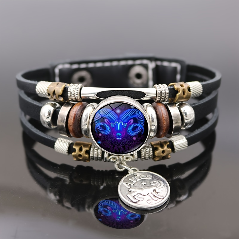 

Glowing In The Dark, Zodiac Signs Button Bracelet, Vintage Punk Style Multi-layered Beaded Pu Leather Accessory