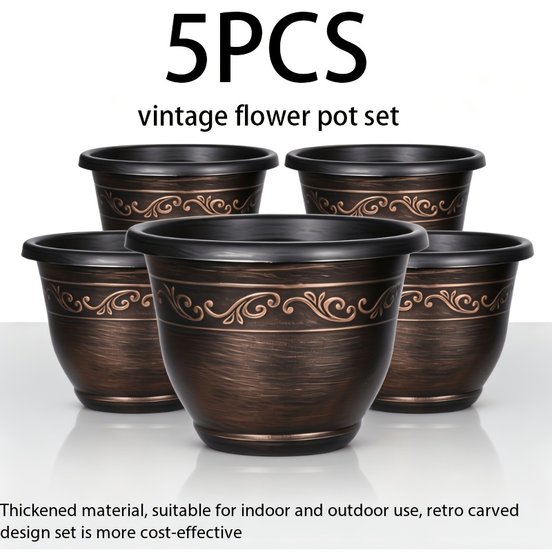 TEMU 5pcs Planters Indoor Outdoor Dual Use, Style With Drainage Holes Plastic Gardening Pot Set, Suitable For Courtyards, Lawns, , Courtyard