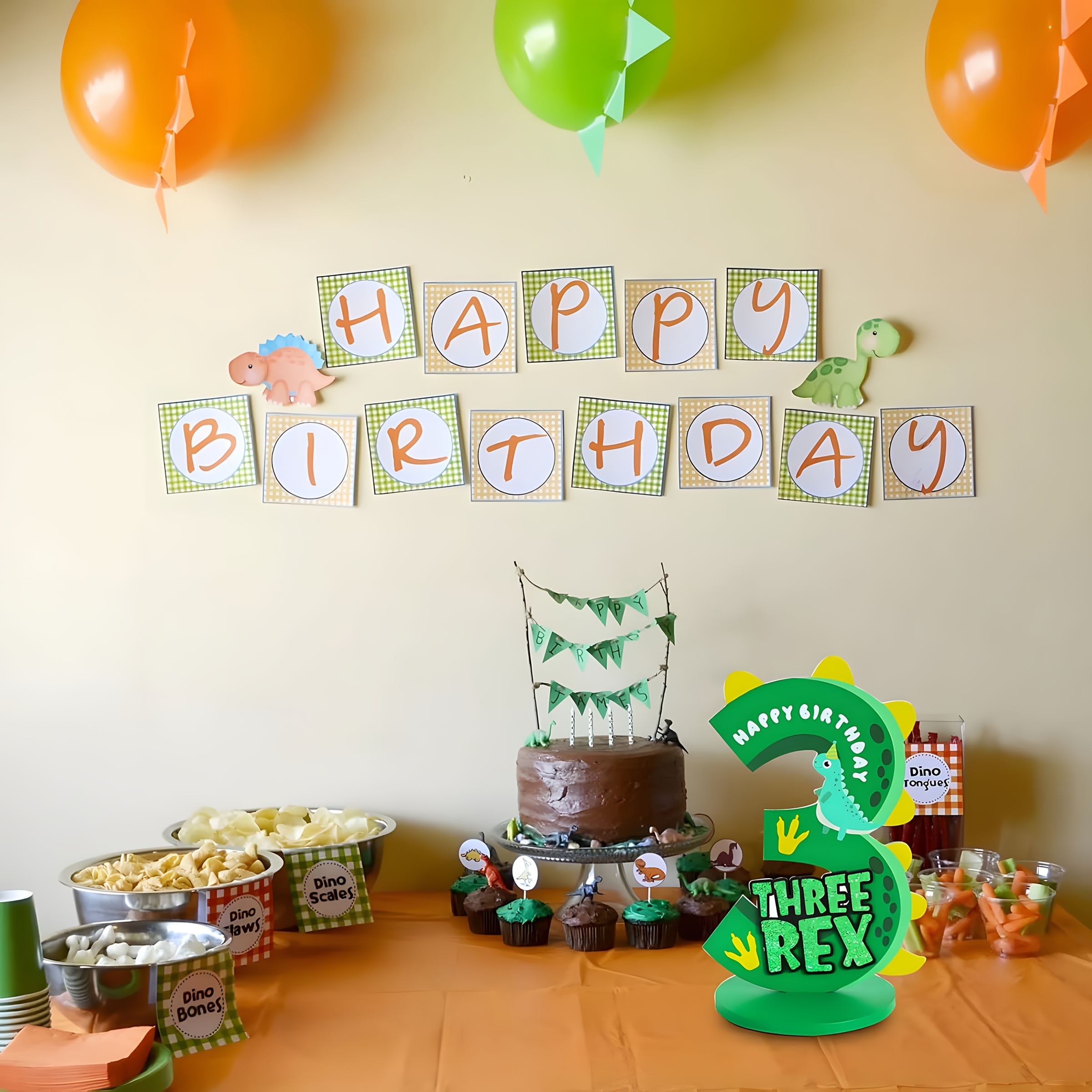 dinosaur themed number birthday centerpiece wooden table