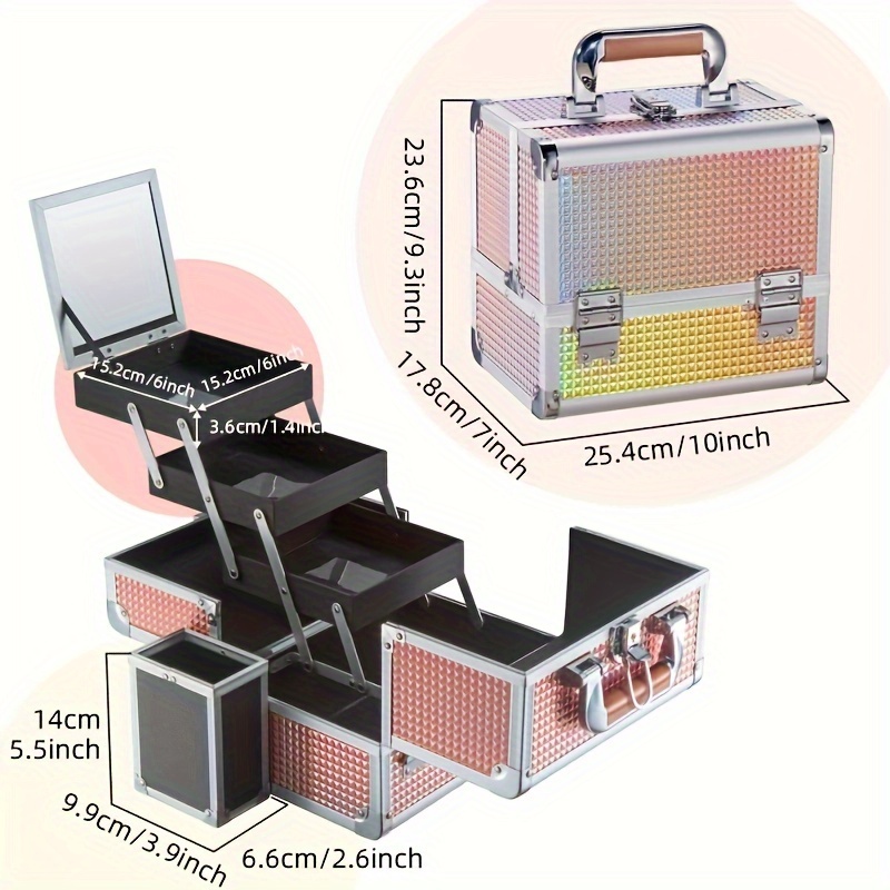portable aluminum makeup case with trays diamond textured abs cosmetic organizer large capacity for nail tools durable travel friendly vanity box for artists daily use details 2
