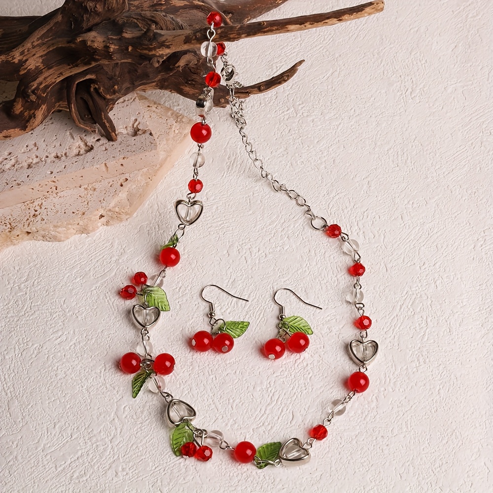 TEMU 1 Set Women's Jewelry Set Necklace And Earrings Bohemian Style Red Beads Suitable For New Year Gift