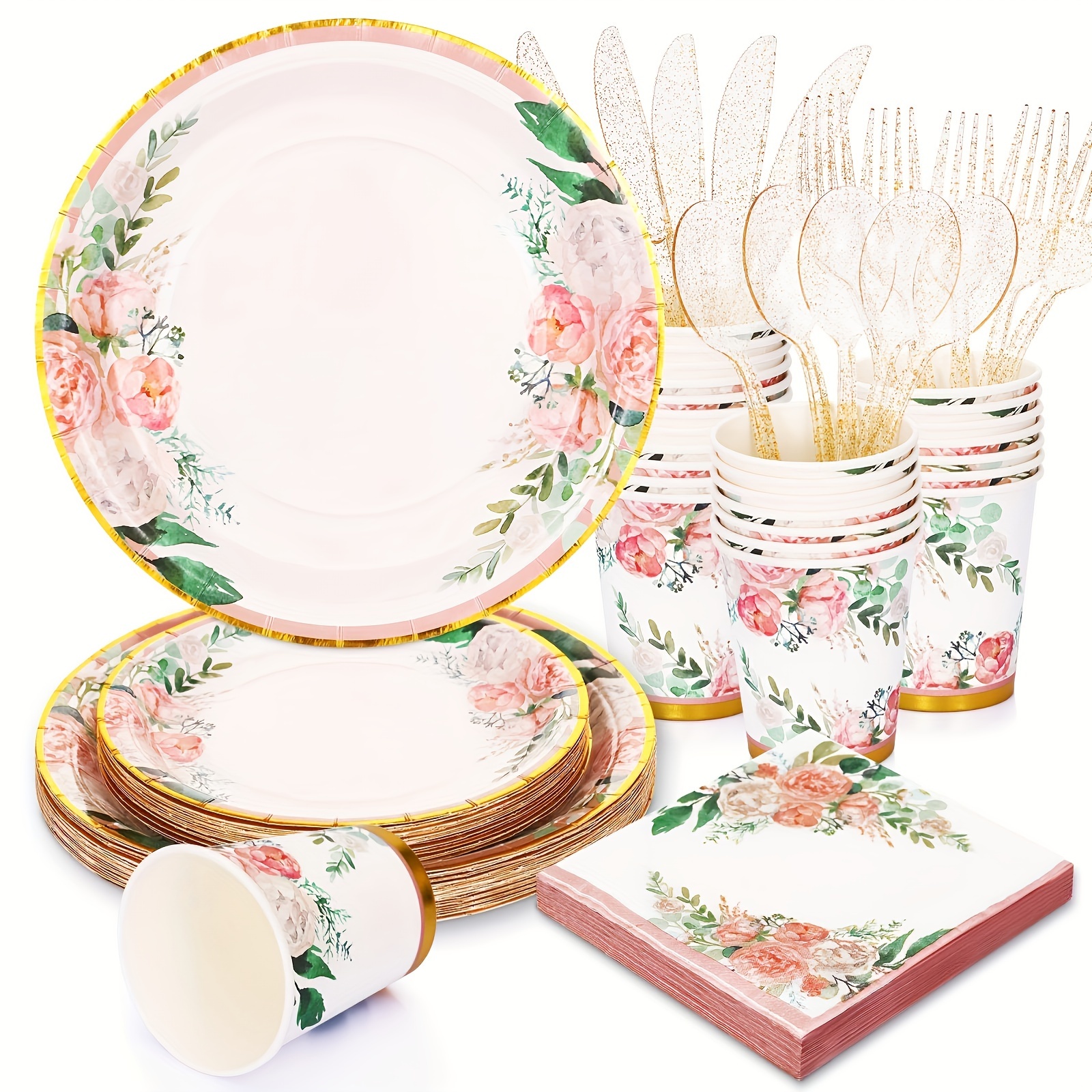 

168pcs Floral Party Supplies Bridal Shower Paper Plates And Napkins Sets For 24 Guest-floral Party Disposable Paper Dinner Plates Cups Knives Spoons Forks For Birthday Bridal Shower Tea Party