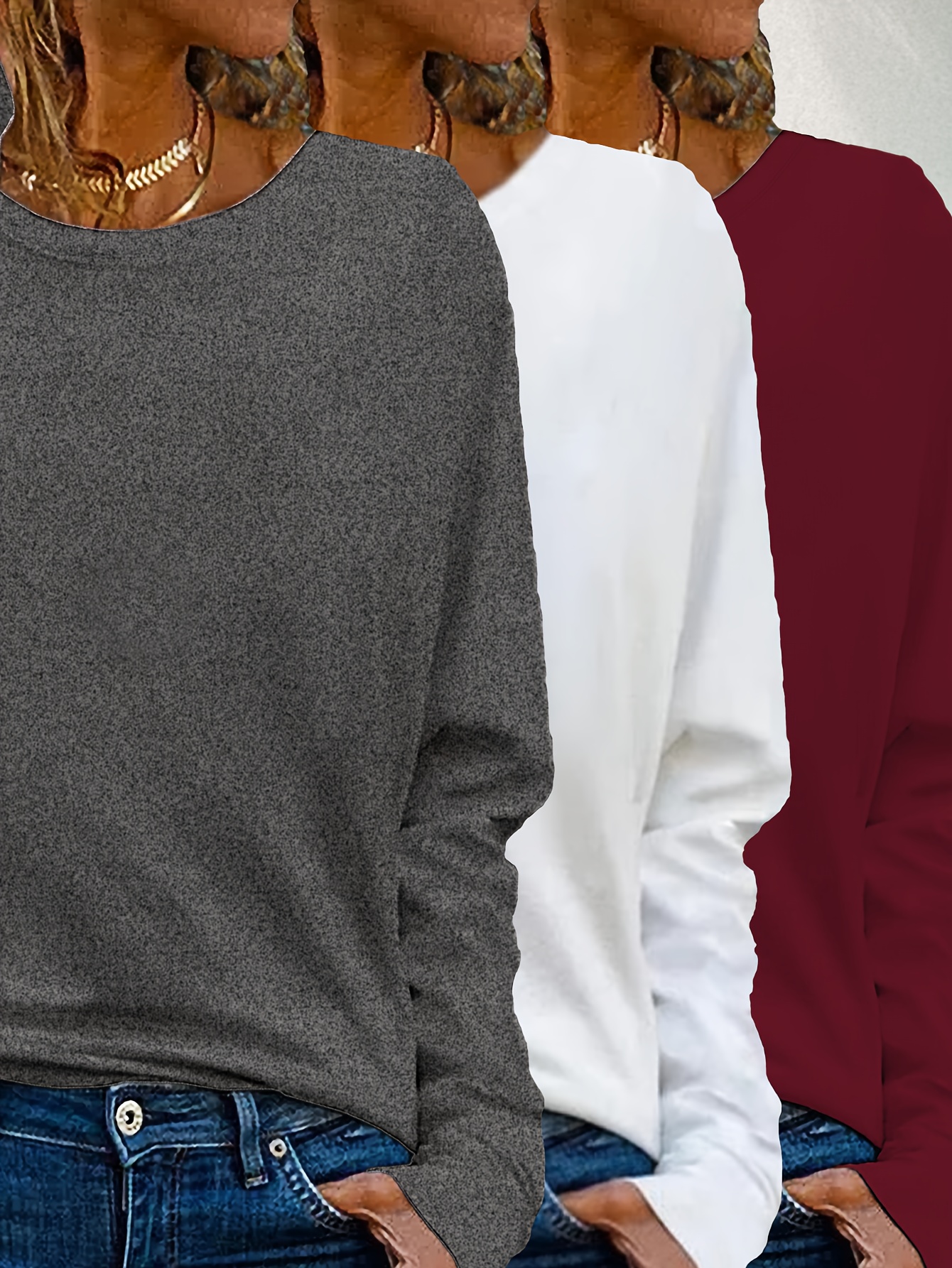 3pcs Women'S Long Sleeve T-Shirts, Casual Crew Neck, Solid Color, Polyester Knit Pullovers with Slight Stretch, for Fall/Winter Collection