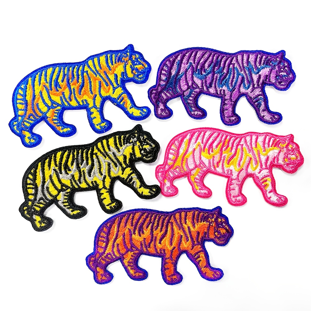 E-shop 5-teilige bunte Tiger-Stickerei-Aufnäher zum Aufbügeln für DIY-Kleidung, Hüte