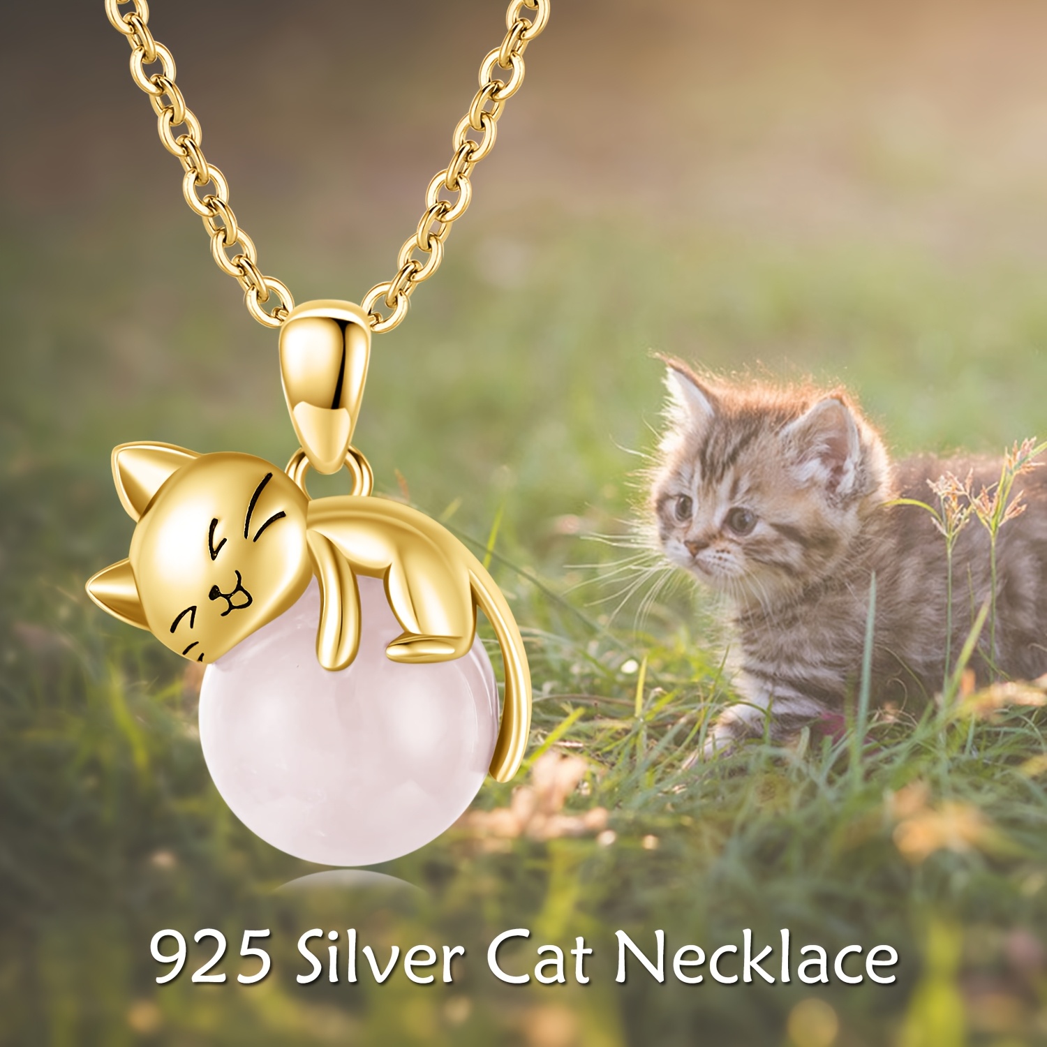 Women's Adjustable Chain Rose Gold Cat Necklace with 925 Sterling Silver
