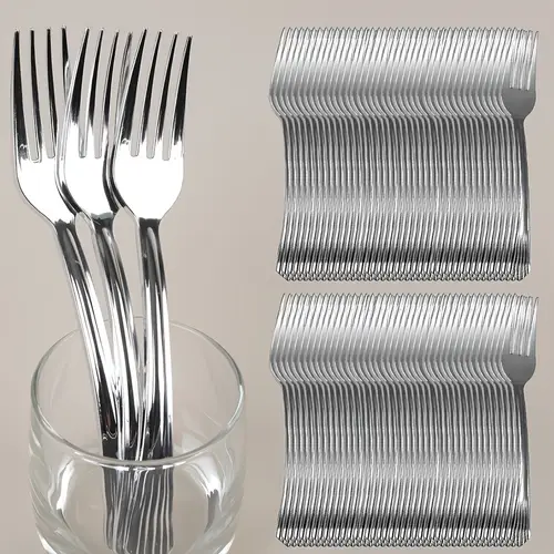 silvery plastic cutlery set heavy duty silvery plastic cutlery silvery disposable flatware 7 9 knives 7 and pcs 7 3 spoons silvery flatware set for parties dinners wedding
