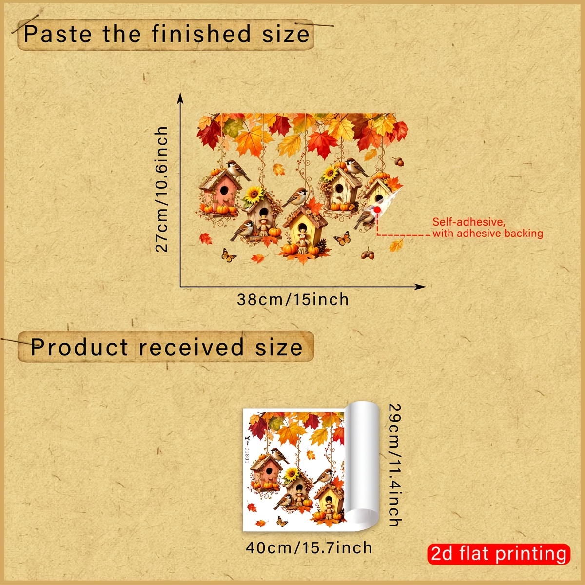 TEMU 2d Flat, 1pc 2d Flat-printed Autumn Countryside Style Birdhouse & Sparrow & Maple Leaf Window Sticker, Creative Diy Self-adhesive Removable