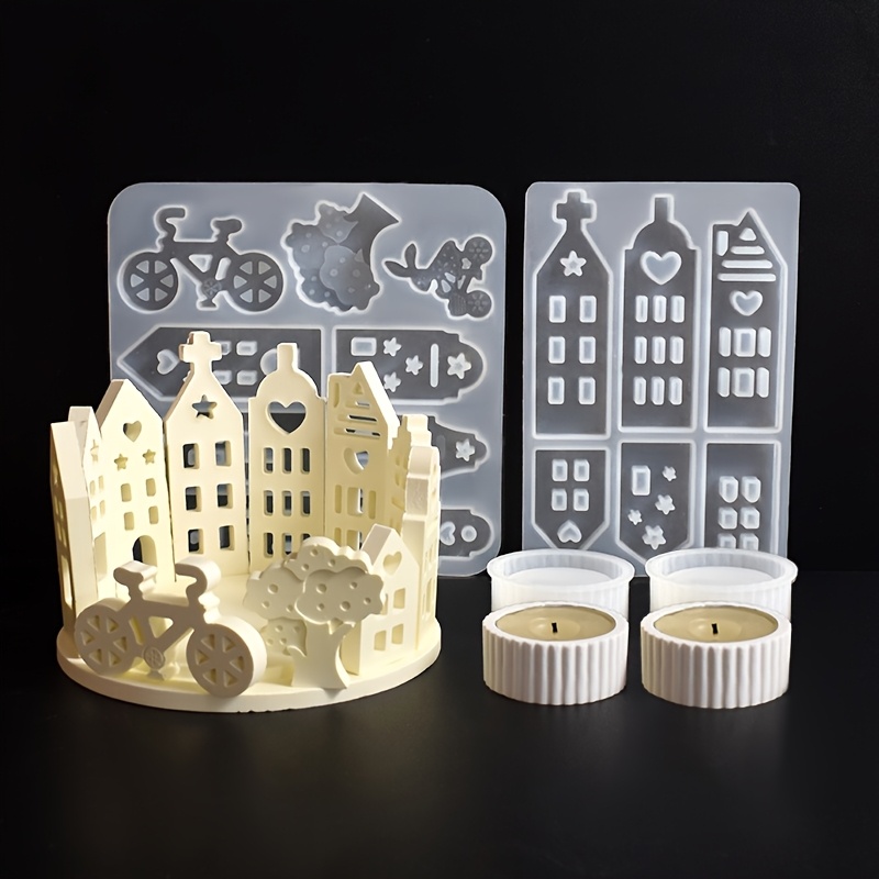 

4pcs Dnejiu Silicone Resin Casting Molds Set - Hollow House, Bicycle, Rabbit, And Ornament Shapes For Resin, Plaster, Concrete Cement Crafts - Decor Candlestick Moulds