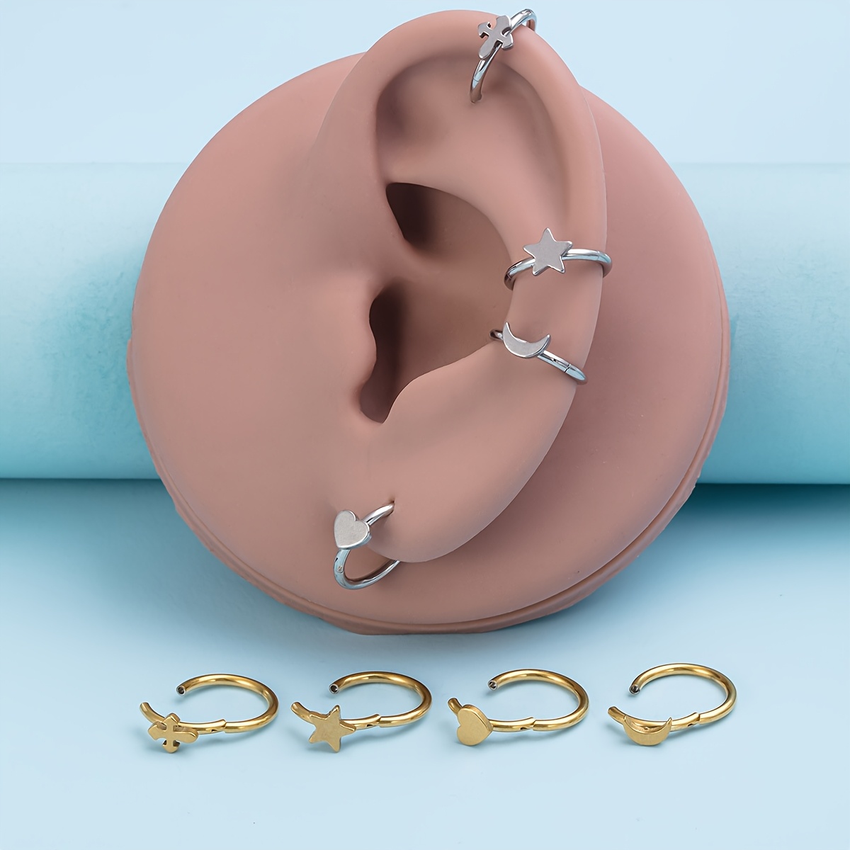 Star Heart Cross Hoop Earrings, Nose Rings Set
