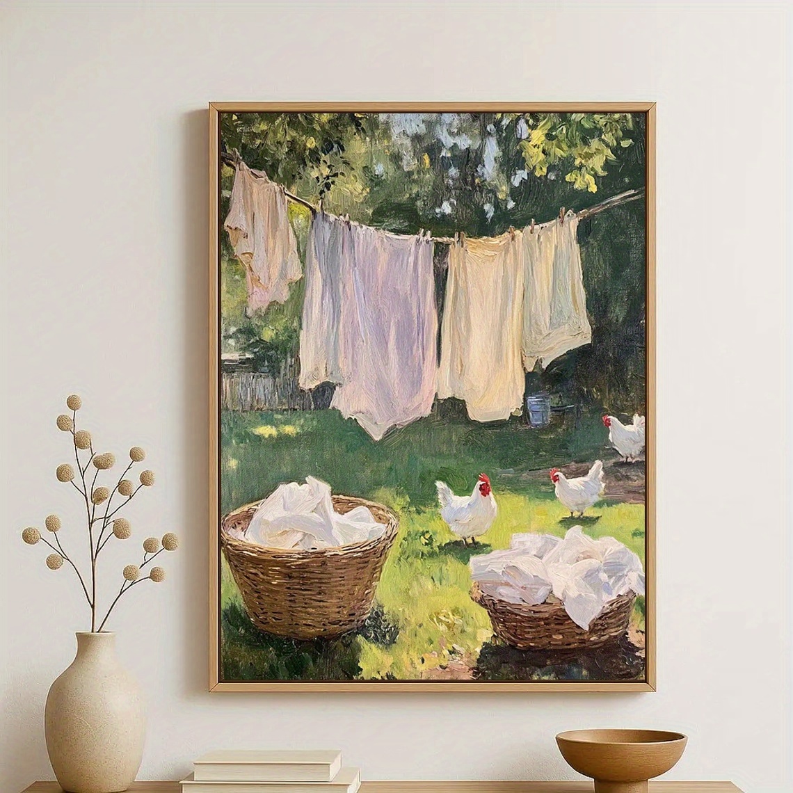 TEMU 2d Flat, 2d Flat, 2d Flat 1pc, No Frame - Vintage Art Print Of A A Clothesline, Depicting A Rural Farm Scene For Wall Decoration, Suitable As A