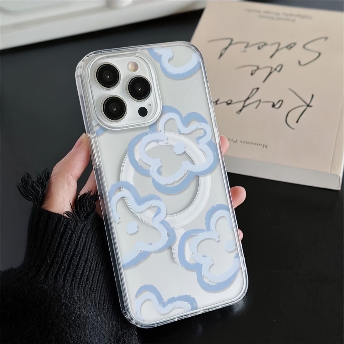 TEMU Phone Case: 1pc Blue Floral Heart Skin- Phone Case, Supports Wireless Charging, Compatible With Iphone 16 Pro Max/15/14 Plus/13/12/11