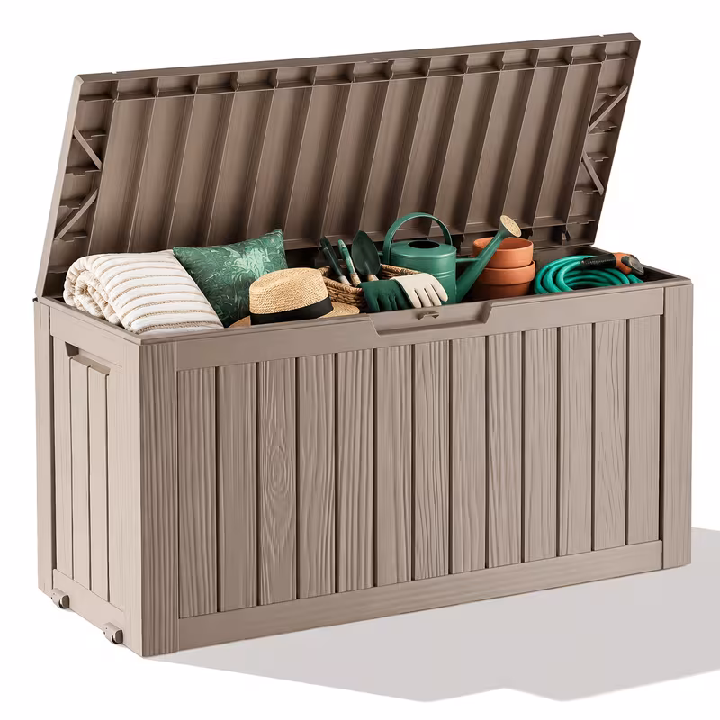 82 Gallon Wood Grain Resin Deck Box - Lockable Outdoor Storage Container