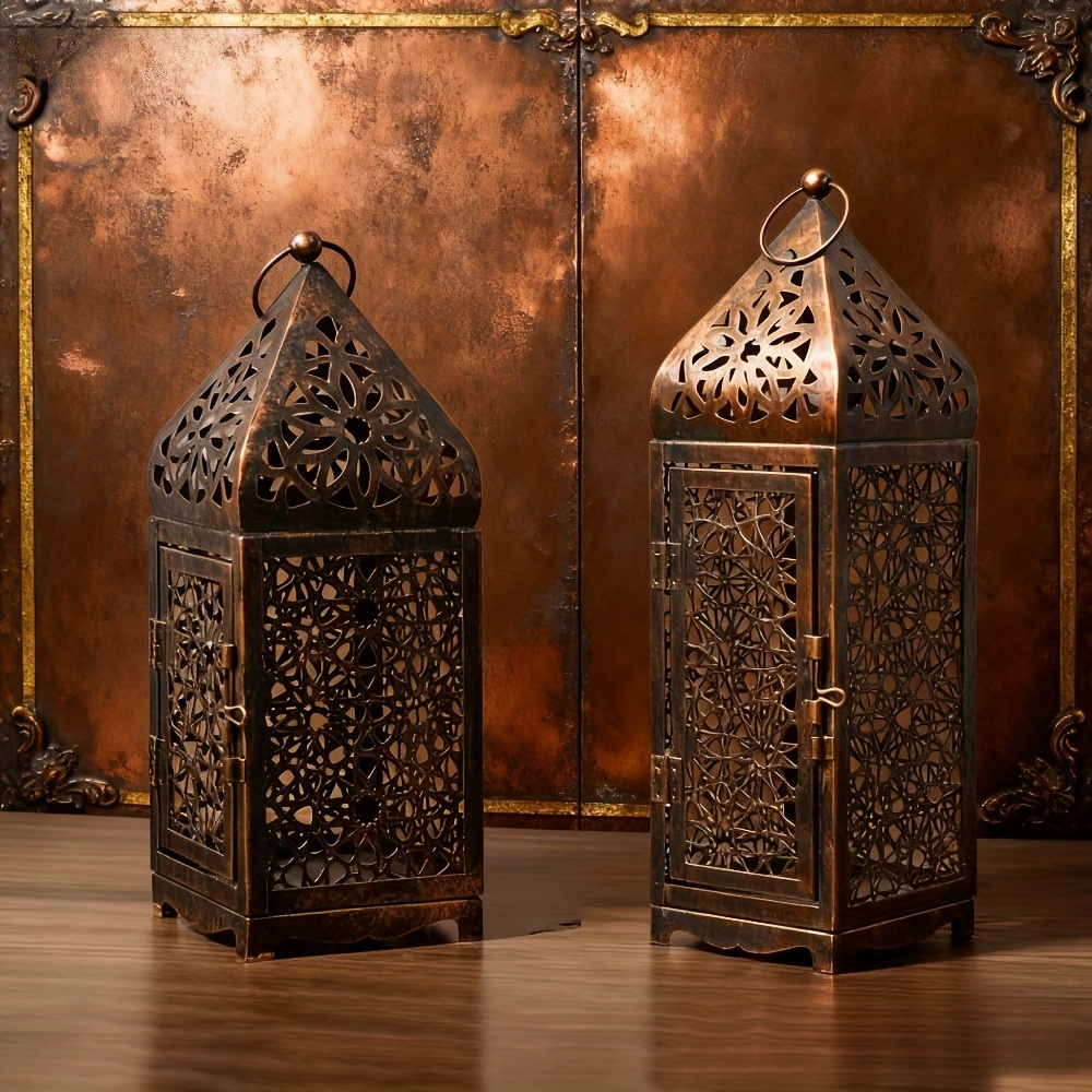 2-Pack Iron   with Hollow-Out Projection Art-Festive Tabletop Candle Holders for Halloween, Thanksgiving&Christmas Decor (Durable Heavy Metal, Home&Kitchen Friendly)