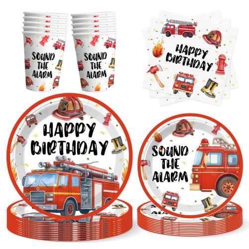 50pcs, Party Supplies Set, Theme Birthday Decorations, Theme Party Supplies Set, Paper Plates and Napkins with Designs, Paper Cups, Suitable for Fireman Themed Party Decorations, Firefighter Party Decorations, Firefighter Party Supplies