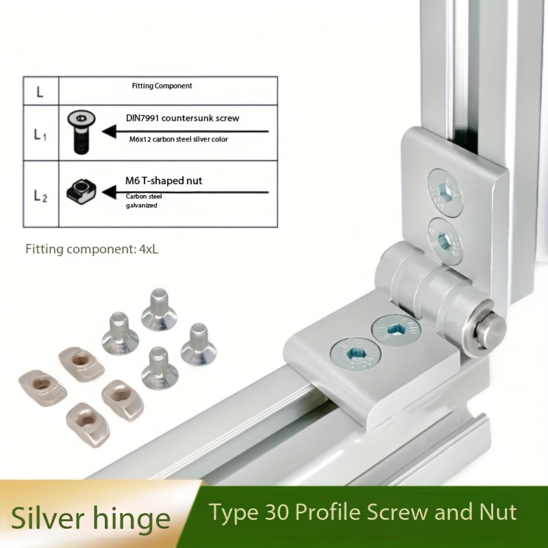 Image of Countersunk Folding Hinge For 3030 4040 Profile Sliding Door, Black Silvery Pivot Hinges Complete With Mounting Screws
