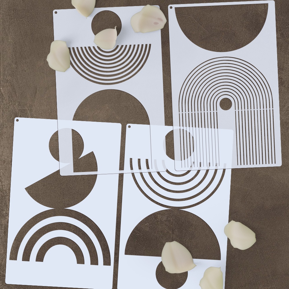 Image of 4pcs Reusable Abstract Geometric Stencils Compatible For Fabric, Walls, Scrapbooking, Coloring, Stamping - With , Diagonal Lines, Dots, Circles & Squares Templates - Artist Templates For Diy Crafts