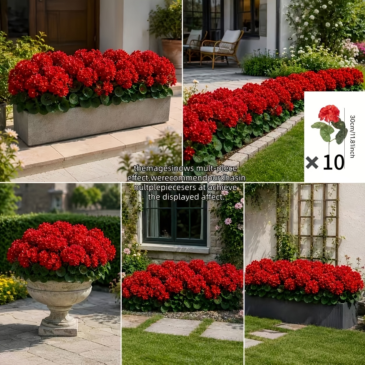 TEMU Lot de 10 géraniums rouges, fleurs décoratives artificielles haut de gamme de bégonias rouges, décoration de chambre de mariage et cadeau de