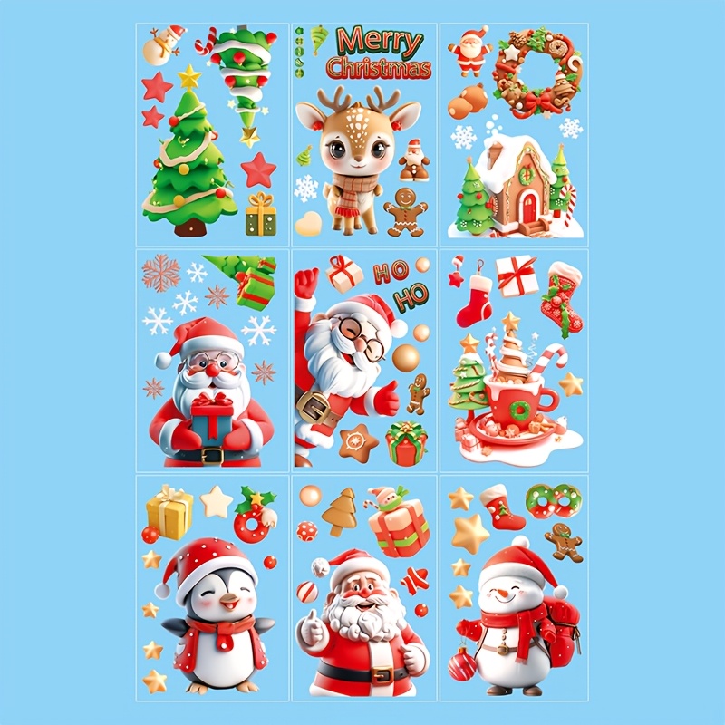 Image of 9 Sheets 72pcs Christmas Static Window Stickers, Merry Xmas Santa Snowman Penguin Pattern Static Clings, Removable Reusable Glass Door Decor For Winter Christmas Home Party Supplies