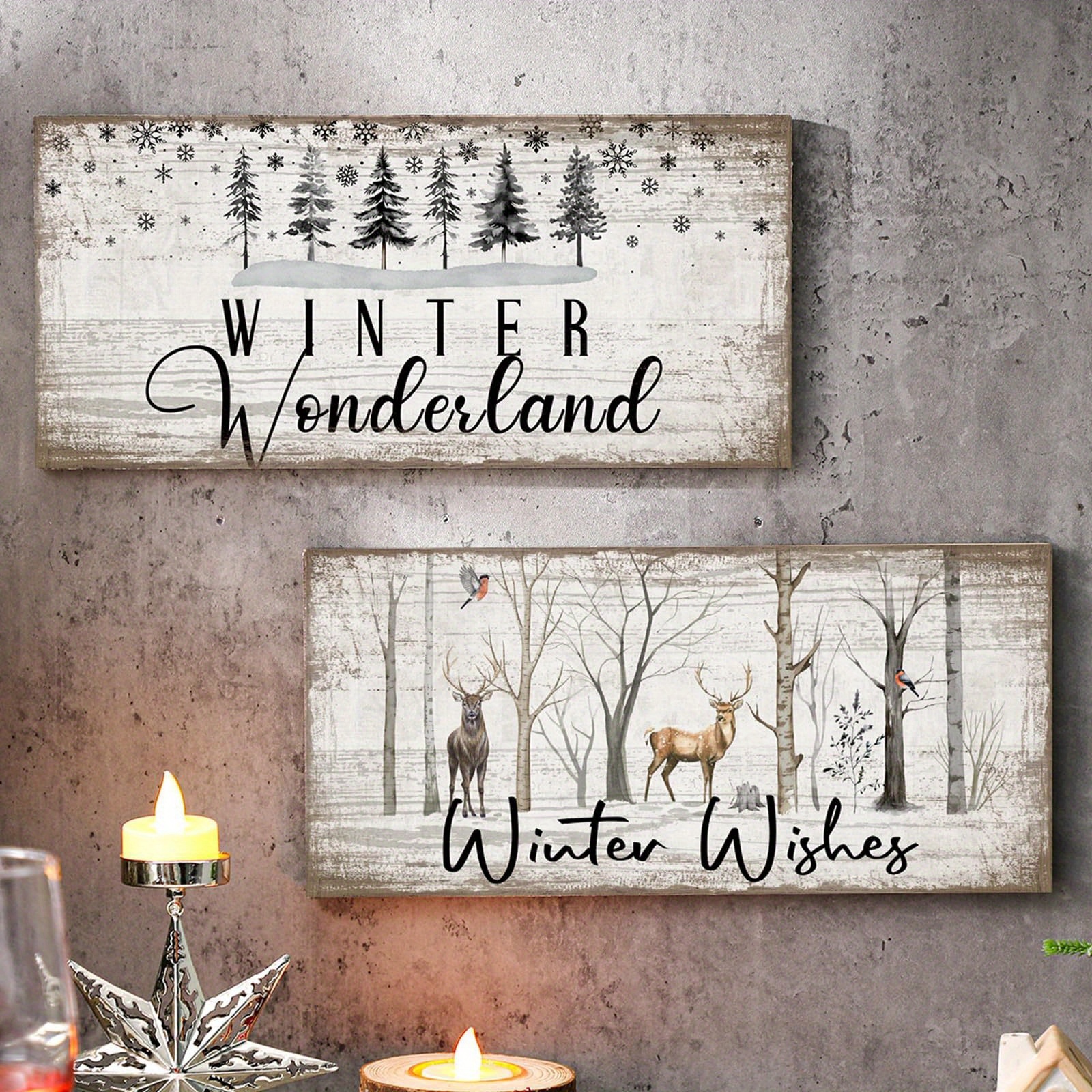 Image of 2pcs Wooden Winter Decor, Farmhouse Sign, Suitable For Door And Wall Winter Wall Decor, Wooden Christmas Door Decoration