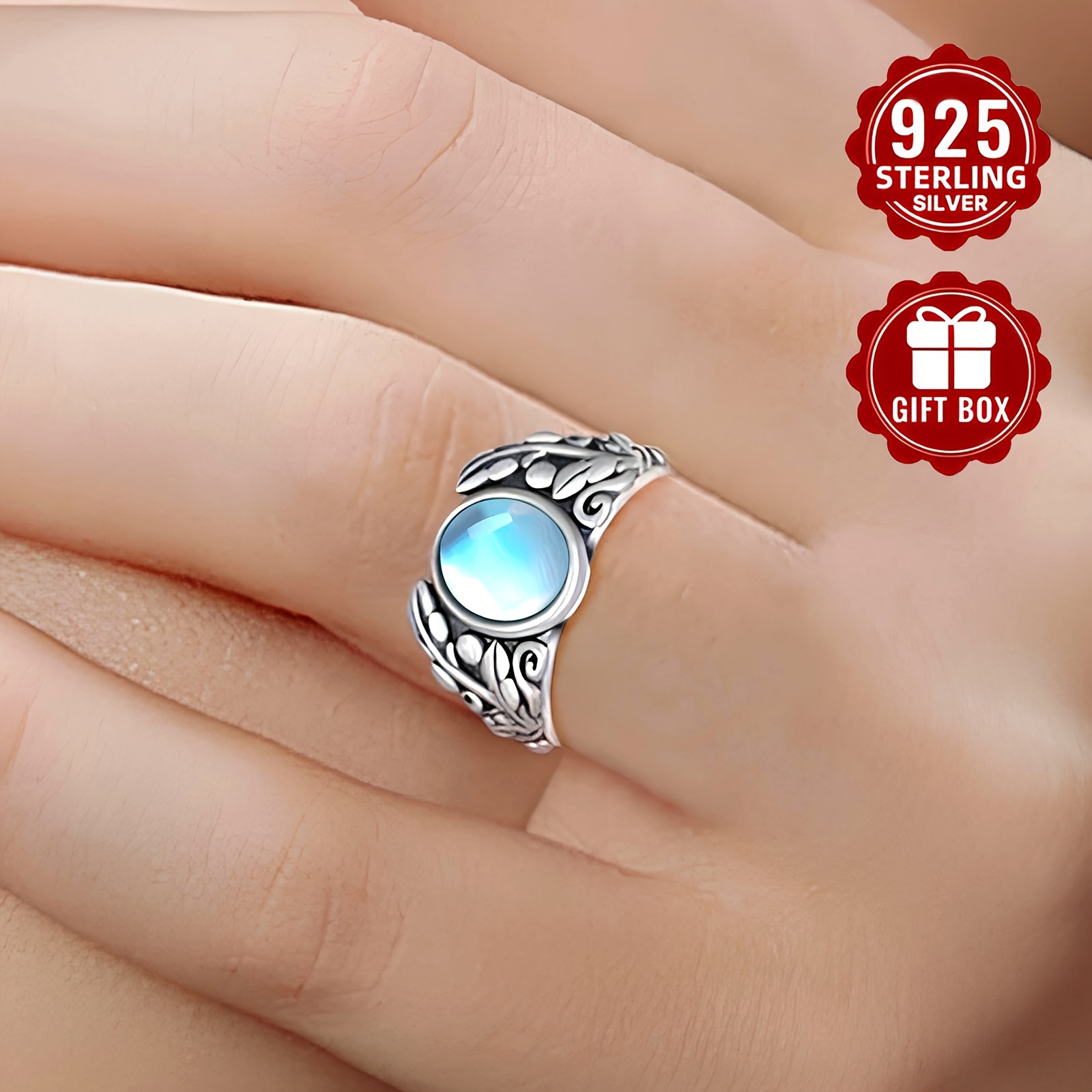 Sterling Silver Moonstone Ring Victorian Leaf Design