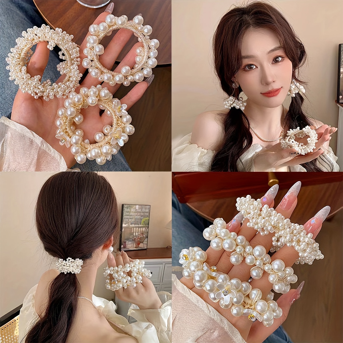 TEMU 3pcs Rhinestone & Flower Hair Ties - For Or