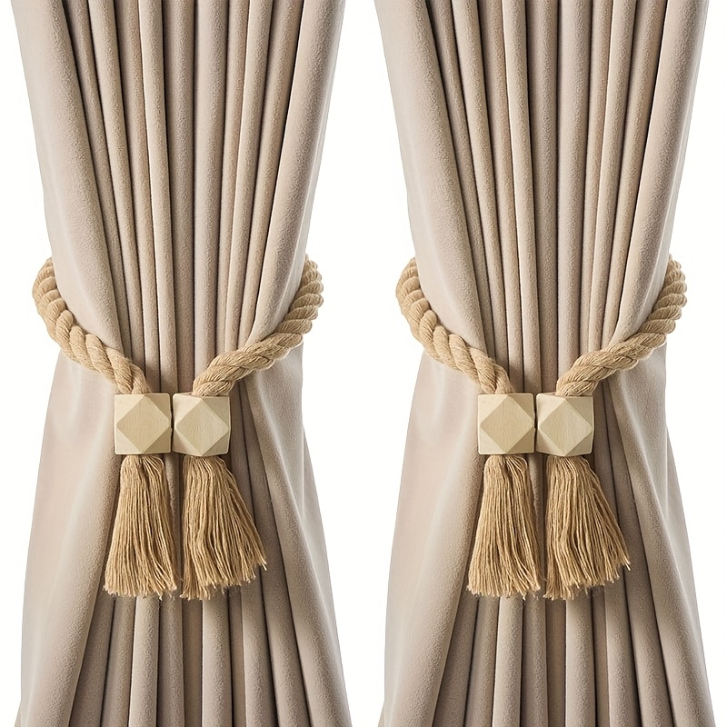 4pcs Bohemian Style Magnetic Curtain Tieback Set, Available in Brown or Beige with Cube-Shaped Magnets for Living Room and Bedroom Decor