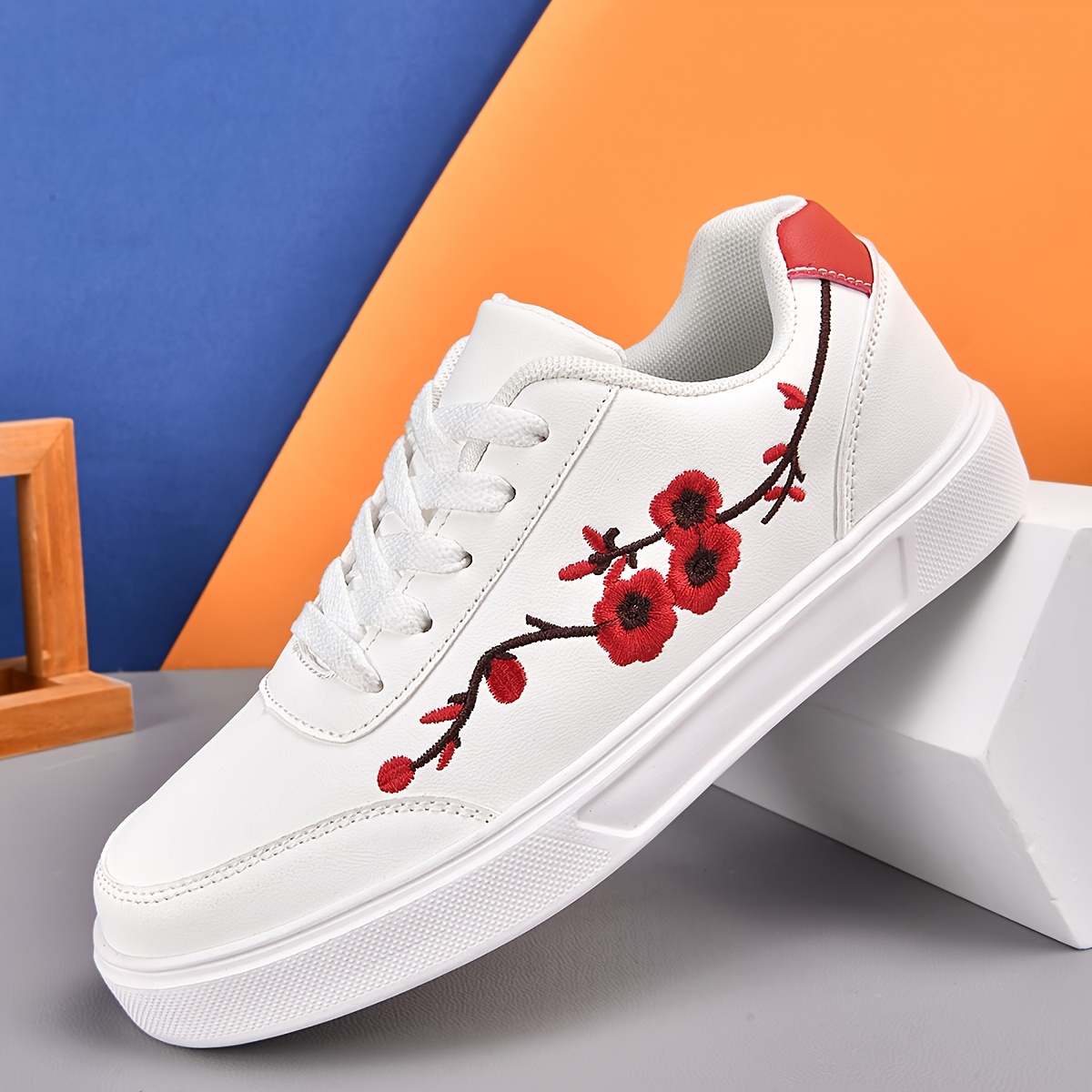 womens floral embroidery casual sneakers white red flowers Temu