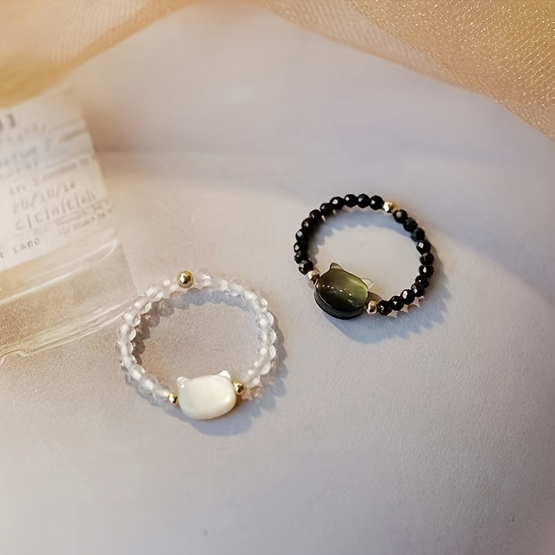 2pcs Set (1pc Black And 1pc White) Natural Stone Cat Best Friend Rings Niche Women's Gift Cute Cat Bead Rings Individual Easy All-match Index Finger Rings Black Rings