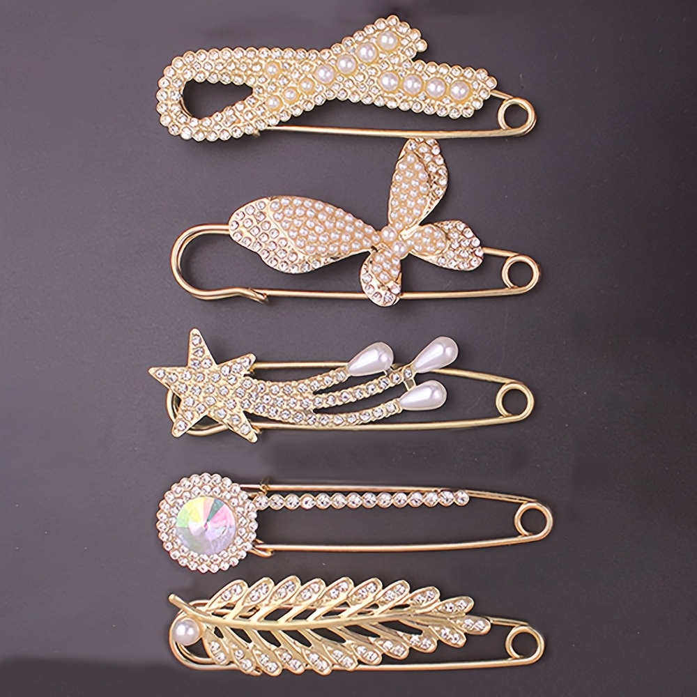 TEMU Set Of 5 Stylish And Minimalist Pearl And Rhinestone Brooches, Safety Pins, Anti-exposure Adjustment Clips, Scarf Additions For Women, Elegant