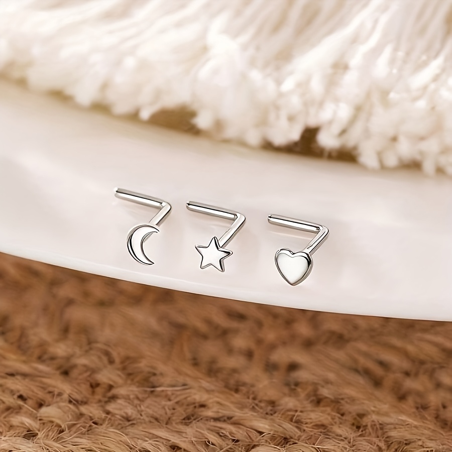 TEMU 3pcs Set Senlansp Low-allergy Stainless Steel Nose Ring Jewelry - Hypoallergenic - (heart, Star, Moon) Nose Piercing For Sensitive Nose, Boho &