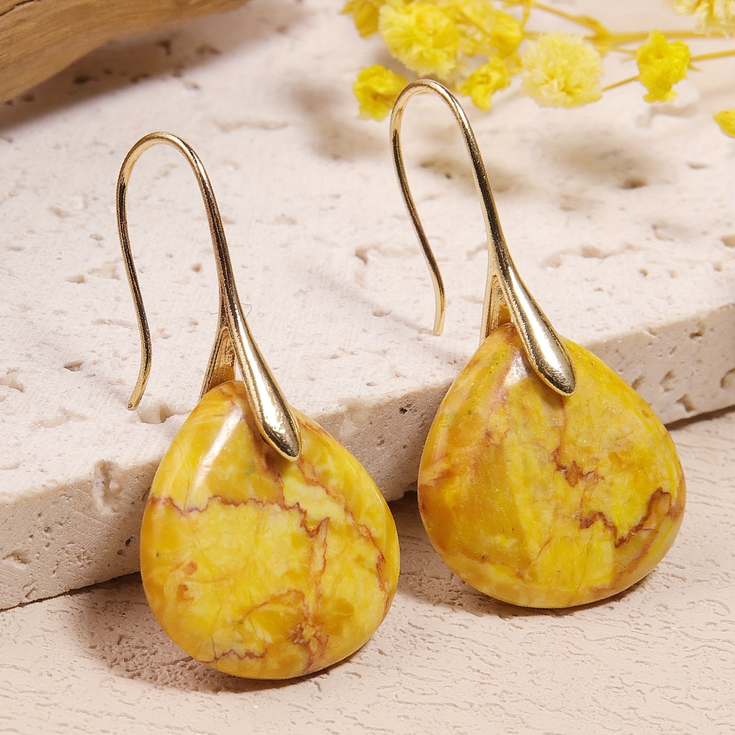 Image of A Pair Of Teardrop-shaped Natural Yellow Stone Earrings For Women, Featuring A Unique Texture, Lightweight And Hypoallergenic, Use, Parties, And As An Elegant Gift