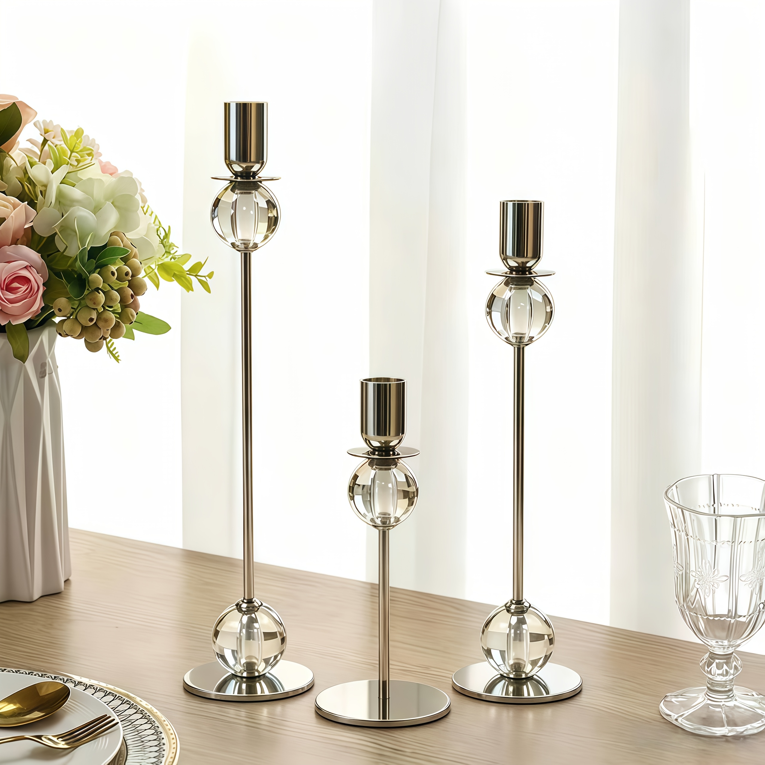 3pcs Crystal Taper Candle Holder - Silvery Metal Candlestick with Glass Ball, Modern Tall And Short Candle Holders for Wedding, Dining Room, Living Room, Home Decor, Wedding Table Centerpieces, Dining Table, Family Party Decorations