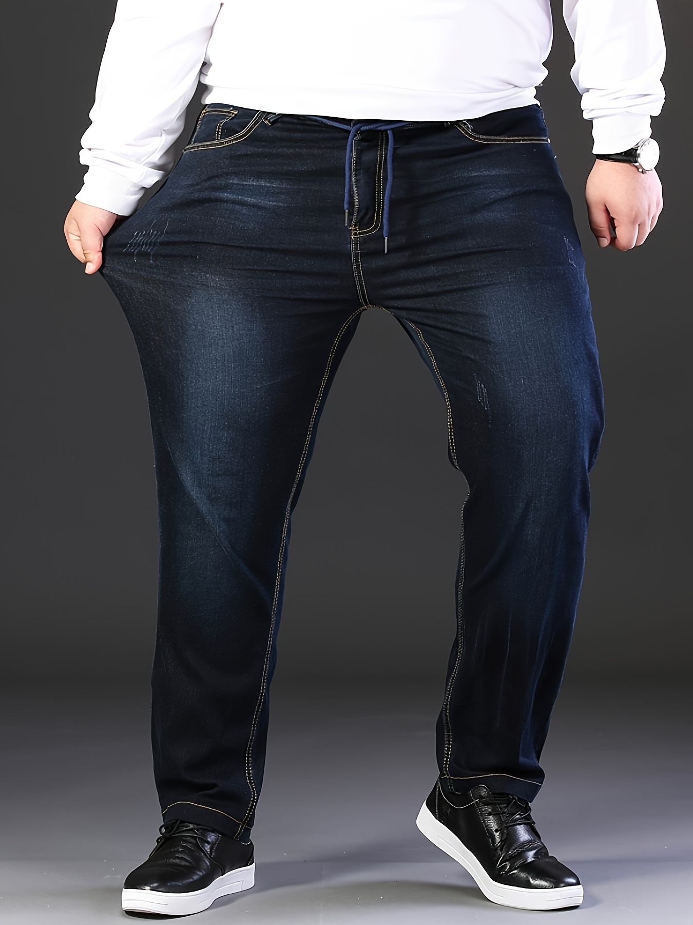 Men Loose Oversized Denim Pants Elastic Waist Jeans Work
