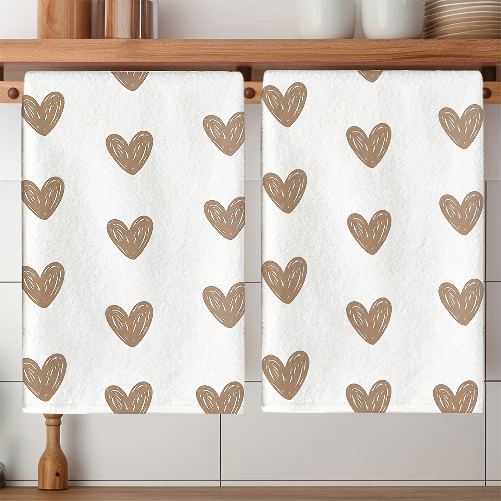 TEMU 2 stuks Nieuwe Khaki Handgeschilderde Keukenhanddoeken met Hartjesprint, Gemakkelijk Gedrukte Absorberende Handdoeken, Huishoudelijke Vaatdoek