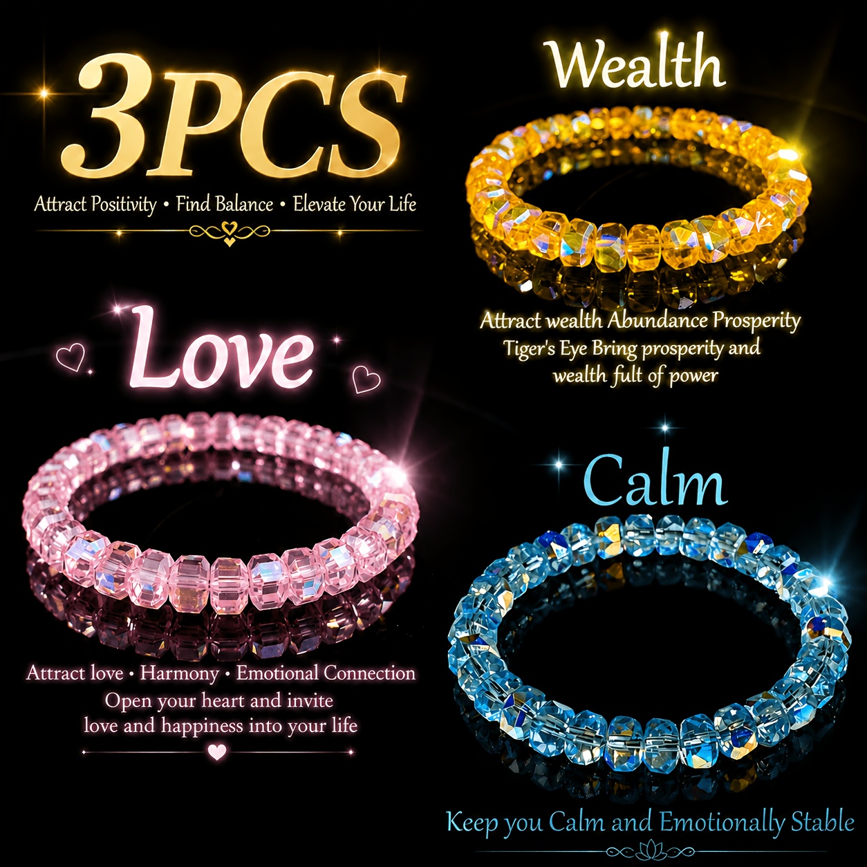 TEMU 3pcs Wealth-themed Stretch Bracelet Set, Symbolizing , Success, Handmade Unisex Elastic Bracelets With Wealth, Love And Themes, Versatile For