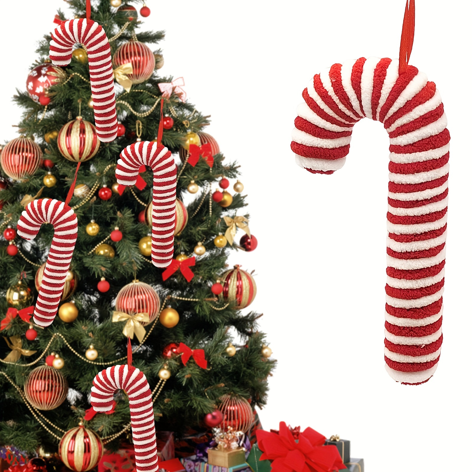 

4pcs Red & Christmas Tree Hanging Ornaments, Striped Pendants For & Decorations, No Needed
