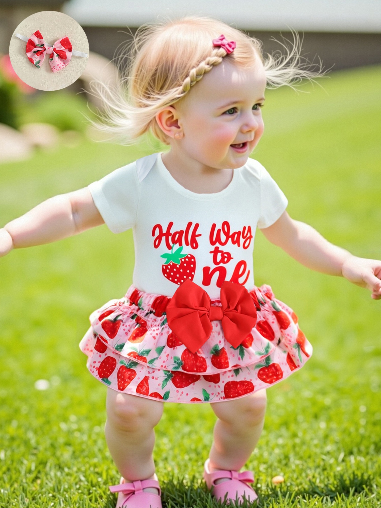 Baby Girl Half Birthday Outfit * To One Letters Round Neck Romper Elastic  Waist Ruffles Summer Tutu Shorts Headband 3pcs Birthday Party Outfits