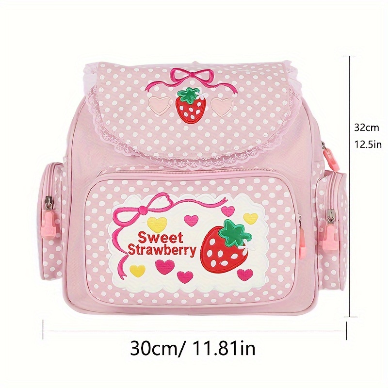 1pc Cute Embroidered Fruit Strawberry Lace Backpack, Student School Bag, 1pc cute embroidered fruit strawberry lace backpack students  main image 2