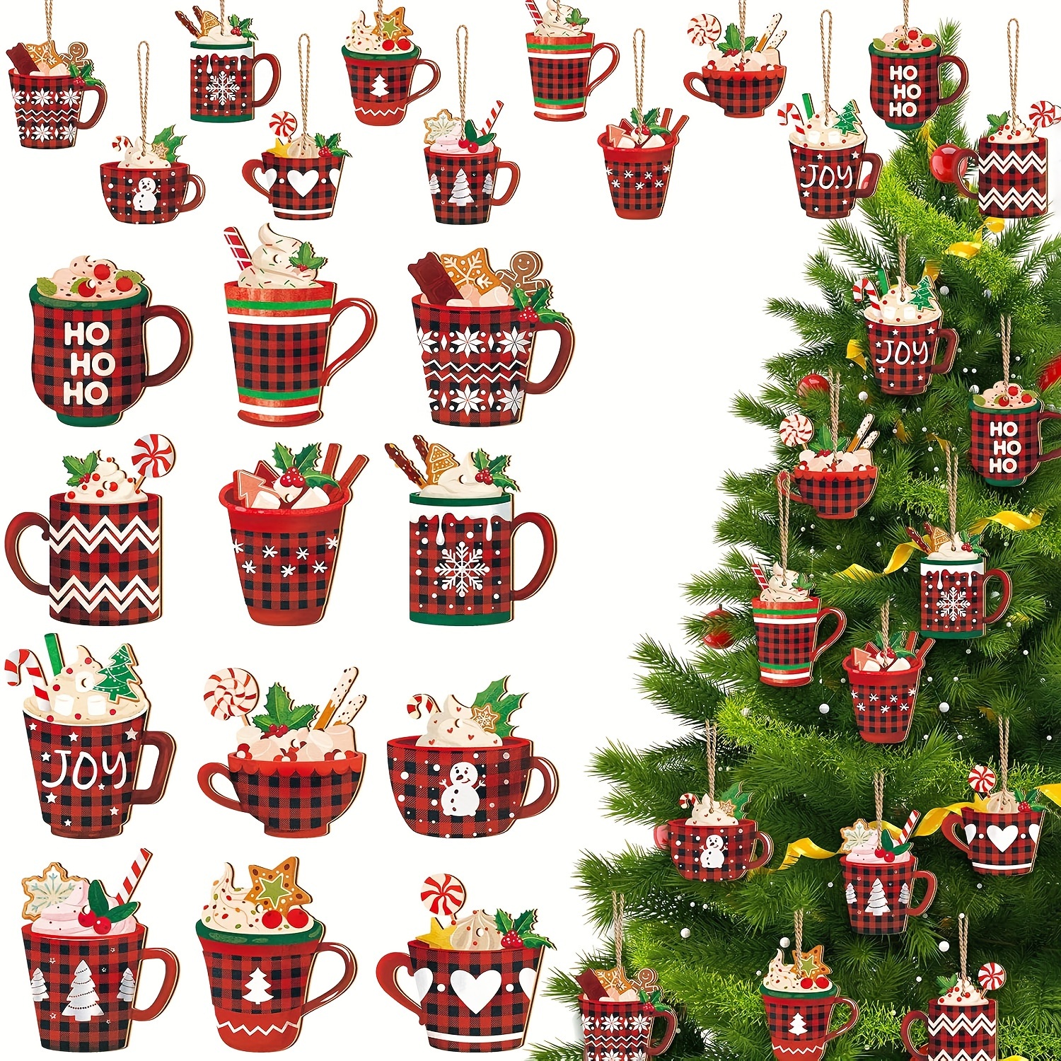 

24pcs Christmas Ornaments Set - Hot & Wooden Coffee Mugs Hanging , Decor For And