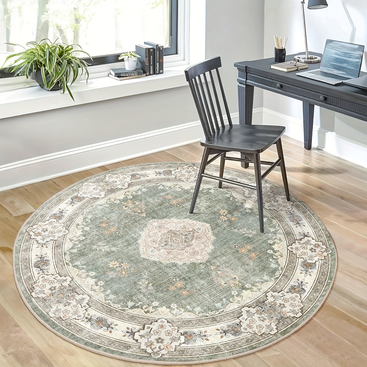 TEMU 1pc Of Soft And Comfortable Flannel Green Round Carpet, Suitable For Bedrooms, Living Rooms And Bathrooms. Designed In A Bohemian Style, It Has