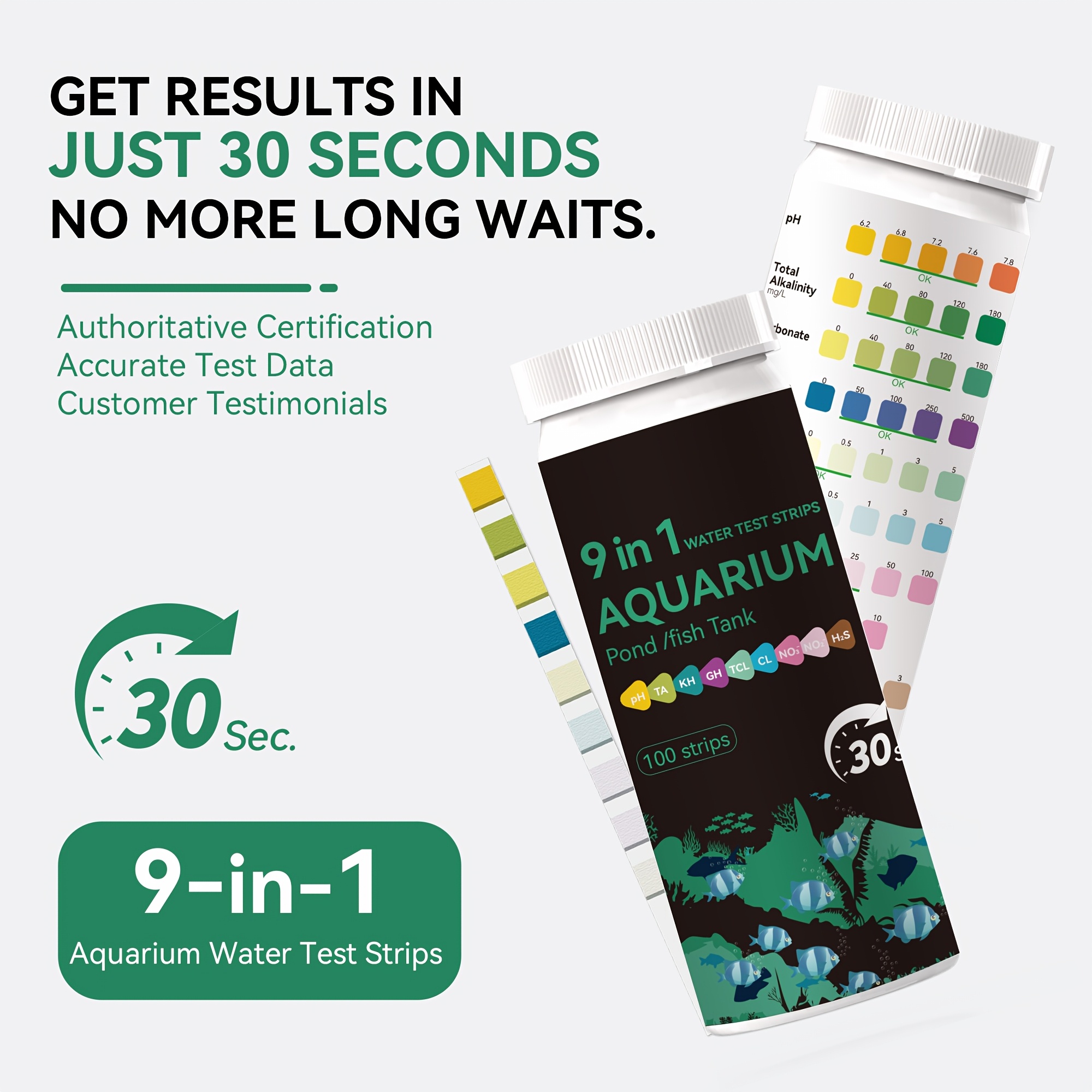 Aquarium 9-Item Test Kit, 100 Strips Per Tube, for Quickly Testing Fish Water Ph, Total Alkalinity, Residual Chlorine, Nitrate, And Nitrite
