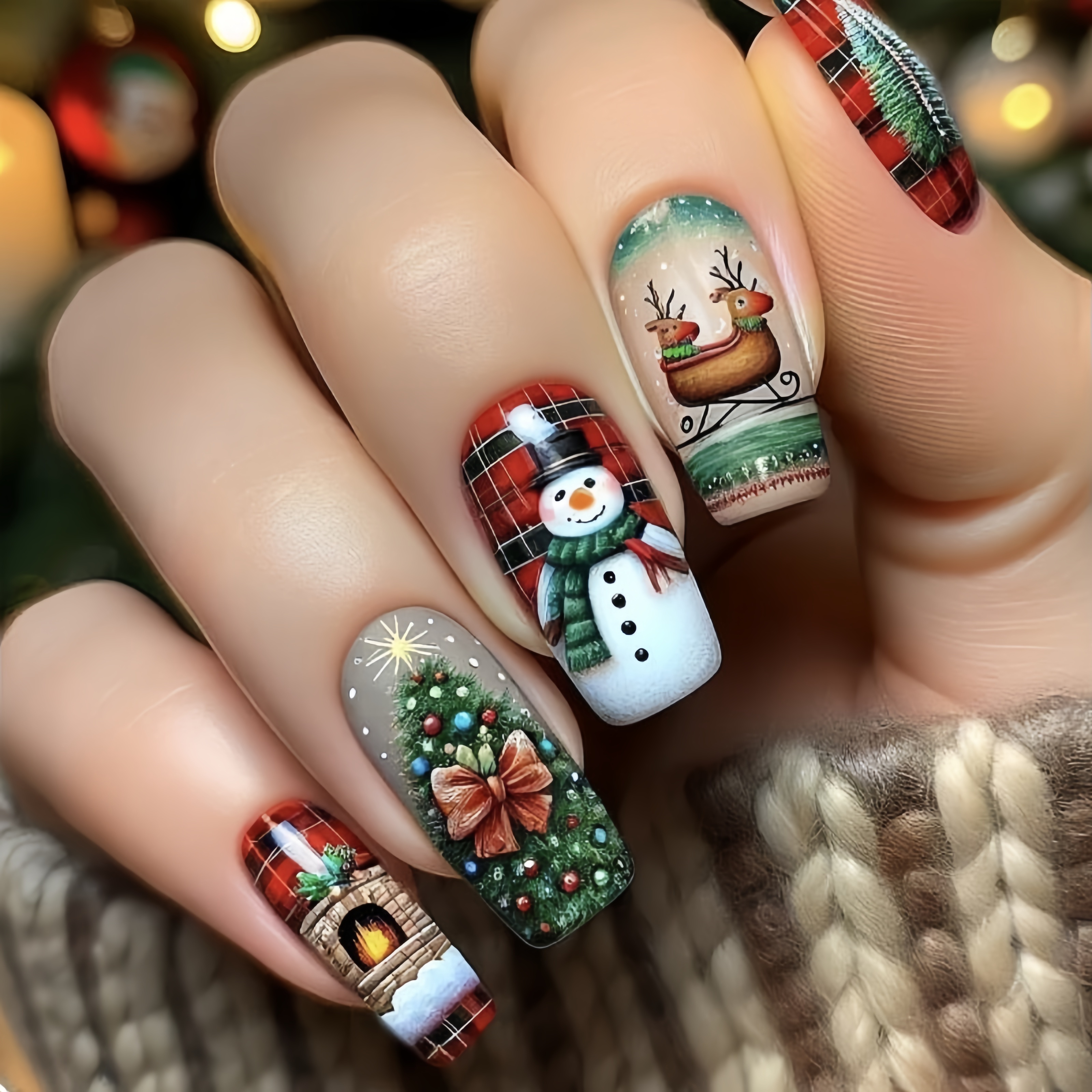 

24pcs Christmas Press-on Nails Set - Medium , Glossy Green With Snowman, Reindeer & - Festive False Nail Kit For